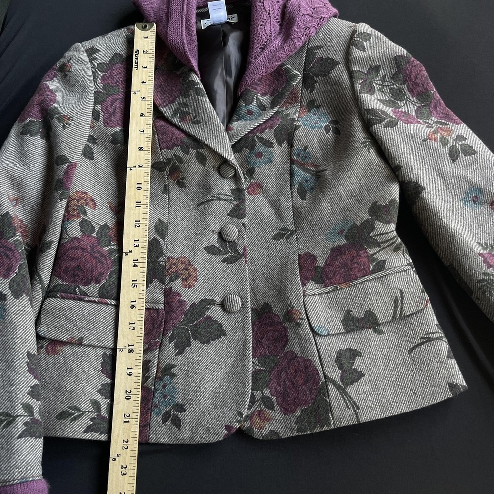 Pendleton Jacket Womens 6 Gray Floral Wool Blend Blazer Purple Knit Hood Pockets - Picture 10 of 10